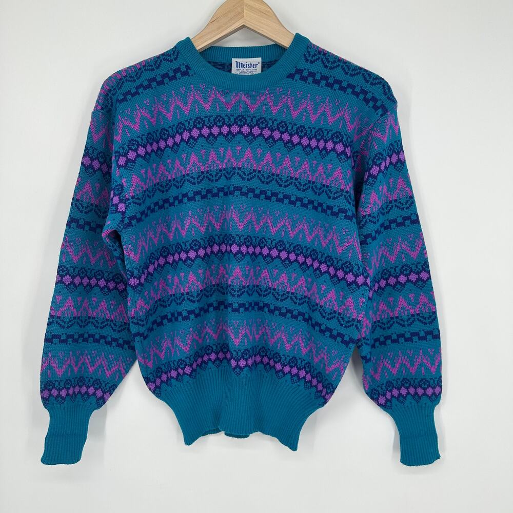 Vintage 80’s Meister Fair Isle Wool Blend Ski Sweater Crew Neck Chunky Knit Teal